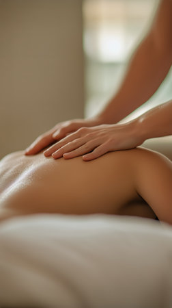 A person enjoys a soothing massage in a tranquil setting illuminated by soft candlelight. The warm ambiance enhances relaxation and comfort during the therapy.の素材