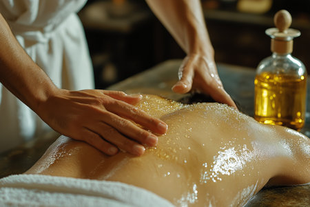 A person enjoys a soothing massage in a tranquil setting illuminated by soft candlelight. The warm ambiance enhances relaxation and comfort during the therapy.の素材