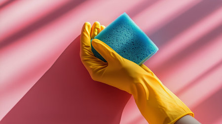 A bright yellow gloved hand is raised, holding a blue sponge against a light backdrop, symbolizing a home cleaning task.の素材