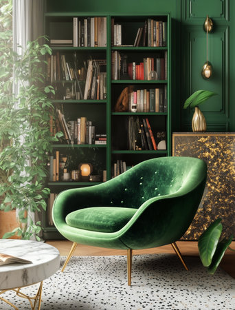 A modern living room features a comfortable green chair, a marble table, and a well-organized bookshelf lined with books and decorative items, creating a cozy atmosphere.の素材
