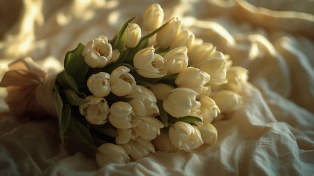 A beautiful arrangement of white tulips lies on a soft, textured fabric, showing their delicate petals and lush green leaves in a serene setting.の素材