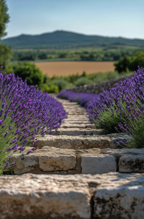 A stone pathway winds through lush lavender blooms, leading to rolling hills under a bright blue sky. The tranquil setting showcases natures beauty in full bloom.の素材