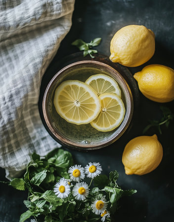 Slices of fresh lemon and mint leaves float in a copper pot filled with infused liquid, resting on a checkered cloth beside a whole lemon on a marbled countertop.の素材