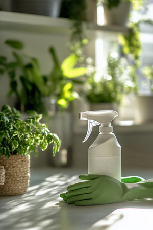 Spray bottle and green gloves rest on a surface surrounded by vibrant plants in a bright indoor space, emphasizing cleanliness and care for greenery.の素材