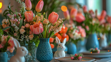 Bright flowers and decorative eggs create a vibrant spring atmosphere on a beautifully set dining table. A charming bunny centerpiece adds to the festive Easter spirit.の素材