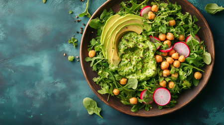 A colorful salad platter showcases fresh greens, creamy avocado slices, nutritious chickpeas, and rich pesto, arranged artistically on a rustic wooden board against a dark blue background.の素材