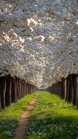 Cherry blossom trees line a tranquil pathway during spring, with branches full of white blooms. A gentle mist envelops the scene, enhancing the peaceful atmosphere in nature.の素材