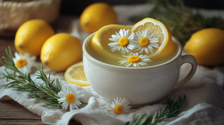 A bowl of lemon drink filled with sliced lemons sits among fresh lemons and delicate flowers, creating a bright and refreshing display on soft fabric.の素材