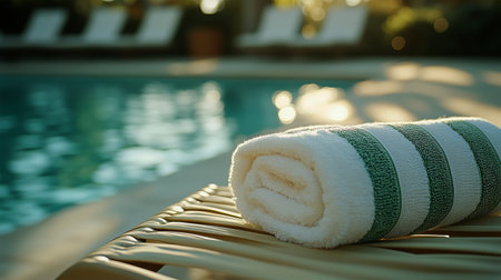 A soft white towel featuring green stripes is neatly arranged on a lounge chair. The tranquil pool reflects sunlight, creating a serene atmosphere during sunset.の素材