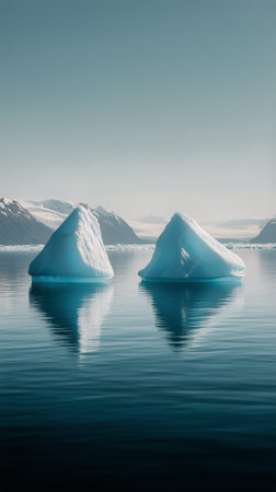 Two towering icebergs rise from tranquil waters, perfectly reflecting their shapes in the smooth surface under soft morning light, evoking a sense of peace and natural beauty.の素材