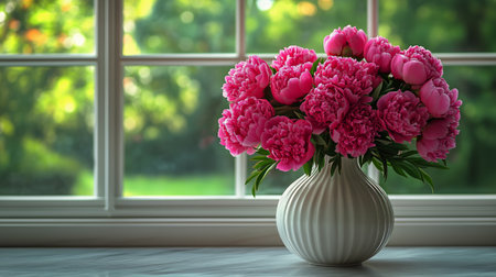 A bouquet of bright pink peonies fills a white vase, positioned beside a window. Sunlight streams in, illuminating the flowers and the green garden outside.の素材