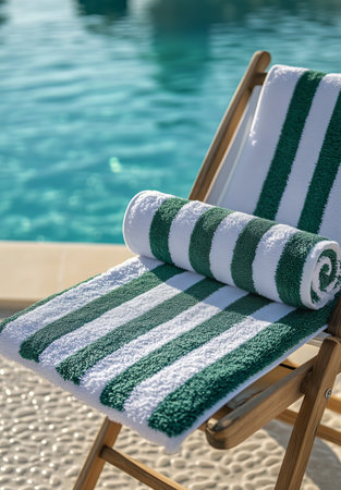 A wooden lounge chair is set by a turquoise pool. A green and white striped towel is neatly rolled on the chair, capturing a relaxing moment under bright sunlight.の素材