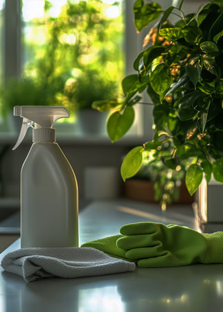 A bottle of cleaning solution sits on a table next to green gloves and a cloth, illuminated by warm sunlight filtering through nearby plants in a home interior.の素材