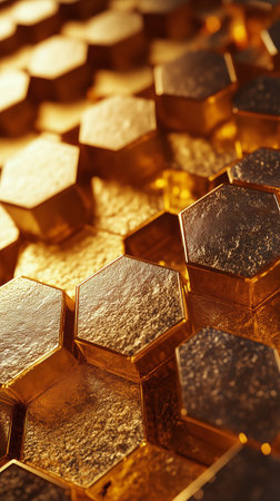 Hexagonal shapes arranged closely together capture light in a captivating way, showing their shiny golden surfaces. The surface reveals diverse textures that create depth.の素材
