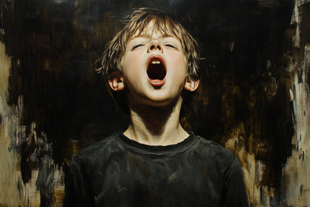 A young boy stands with his mouth wide open, passionately expressing strong emotions. The dark background highlights his intensity and youthful energy, showing raw feeling.の素材