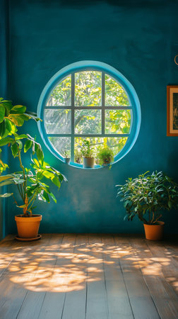 Bright sunlight filters through a round window, illuminating a small indoor garden filled with various potted plants, creating a serene and inviting atmosphere.の素材