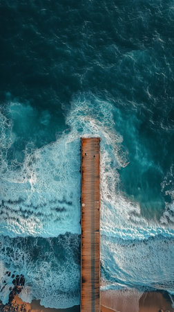 Aerial view of waves rolling onto a serene sandy beach under bright daylight. The clear, turquoise water contrasts beautifully with the golden sand.の素材
