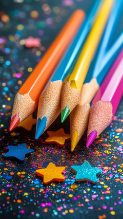 Vivid colored pencils are arranged in a line on a dark surface adorned with glitter and small star decorations, inspiring creativity and artistic expression in a fun, playful environment.の素材