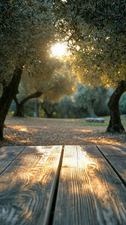 Sunlight filters through olive trees in the late afternoon, illuminating a rustic wooden table placed along a peaceful path in a serene nature setting.の素材