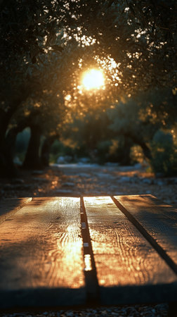 Sunlight filters through olive trees in the late afternoon, illuminating a rustic wooden table placed along a peaceful path in a serene nature setting.の素材