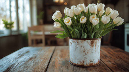 Fresh white tulips arranged in a rustic pot sit on a weathered wooden table in a warm and inviting indoor space. Soft light filters through nearby windows.の素材