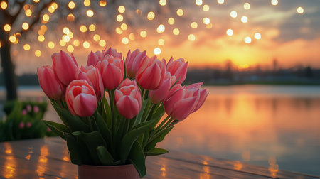 Table is set outdoors with pink tulips, glassware, and lights. Sunset glows over the lake creating a romantic atmosphere.の素材