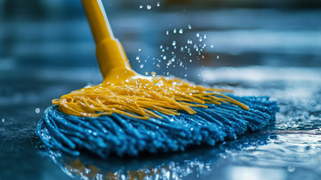 Yellow mop with a blue handle cleans a wet floor leaving splashes of water. Reflections are visible in the standing water on the floor as droplets fly through the air.の素材
