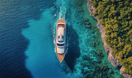An aerial view shows a large, modern yacht cruising through clear turquoise water.の素材