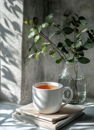 Coffee mug sits atop two stacked books next to a vase holding green plants. Sunlight shines through a window, casting shadows onto a tan colored wall.の素材