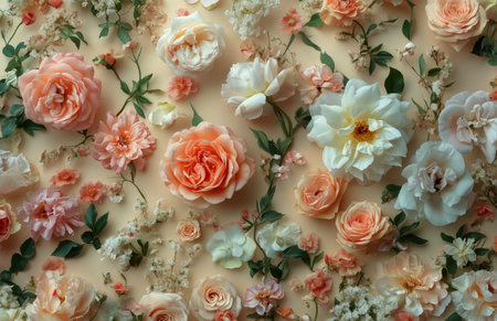Arrangement of delicate peach, orange, and white roses and other blossoms. Green stems and leaves add a natural touch. Background is a soft beige, complementing the colors of the flowers.の素材