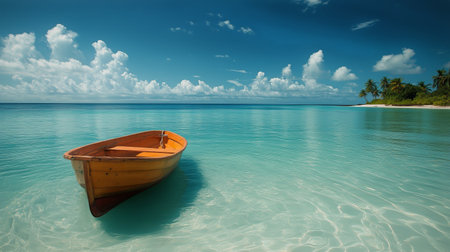 Orange boat is floating peacefully on the clear, turquoise water of a tropical sea. A white sandy beach with palm trees is visible in the distance under a blue sky with white clouds.の素材