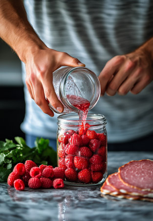 A person is shown pouring raspberry liquid from one glass jar into another glass jar filled with fresh raspberries. Slices of meat and parsley are on the counter.の素材