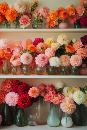 Assorted color dahlias arranged in small glass vases are lined up on white shelves in a color gradient. The flowers are mostly in the colors of orange, pink, and red.の素材