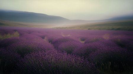 A field of blooming lavender flowers stretches towards distant, hazy hills under a soft, muted sky during a summer evening. A light fog hangs low over the landscape.の素材