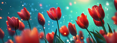 Several red tulips are in full bloom. Green leaves of these tulips are visible. A blurry background is shown. There is an aesthetic bokeh on the background.の素材