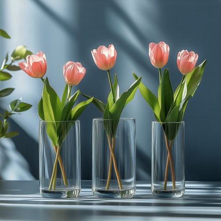 Three clear glass vases each hold a few pink tulips. They are sitting on a surface with a blue background. Light and shadows add to the ambiance of the presentation.の素材