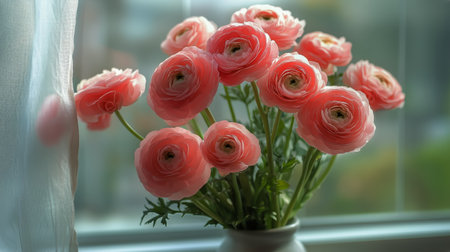 Several pink ranunculus flowers with green centers are displayed in a light green vase near a window during the daytime, offering a soft and delicate ambiance.の素材