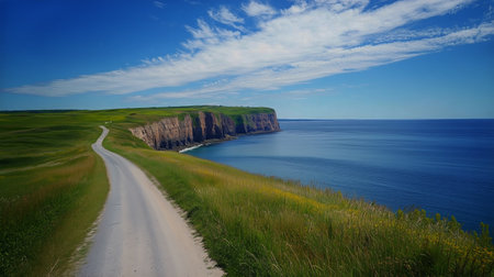 Dramatic white chalk cliffs of the alabaster coast, normandy, france. the winding road hugs the coastline with golden grasses and blue ocean views on a bright sunny day.の素材