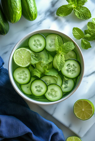 Refreshing cucumber water with sliced cucumbers, limes, and fresh mint leaves in a bowl. Some limes and mint leaves decorate the marble table beside a blue cloth.の素材