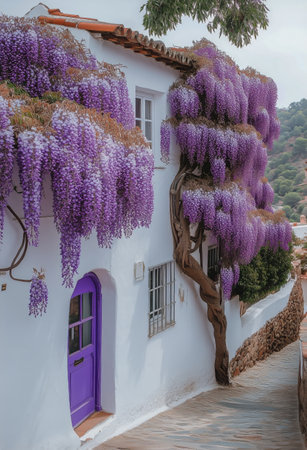 A white house is adorned with a cascade of vibrant purple wisteria. The flowering vine climbs along the facade of the building, creating a beautiful, natural display.の素材