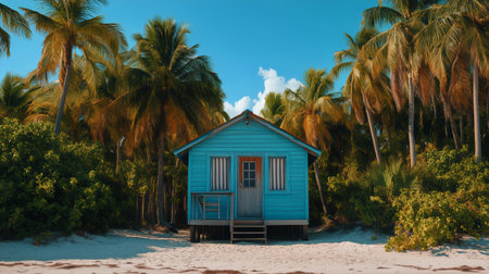 A small rustic cabin sits on a sandy beach. Two lounge chairs rest on the sand. A deck with additional seating is attached to the cabin, framed by palm trees and other vegetation.の素材