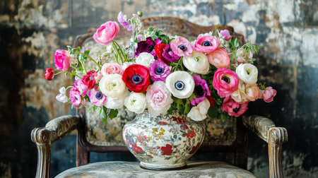 Fresh pink peonies bloom in a rustic gold vase, placed on a kitchen countertop. Soft natural light enhances the vibrant colors, creating a warm atmosphere.の素材