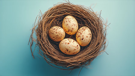 A birds nest filled with four eggs sits atop a light blue surface. The eggs are speckled and vary in color. The nest is made of twigs and dry grass.の素材