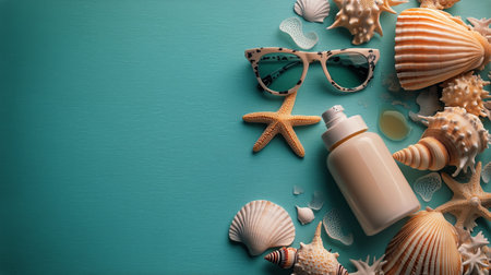 A flat lay shows a turquoise background with summer vacation items. Starfish, seashells, sunglasses, and a sunblock bottle are scattered with beach sand and a small palm branch.の素材