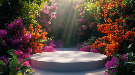 A lush garden filled with colorful blooms in pink, orange, and purple shades is beautifully illuminated by sunlight. A circular platform sits at the center, inviting exploration.の素材