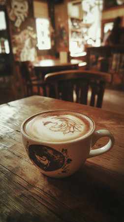 A beautifully crafted latte with intricate foam art rests on a wooden table in a warm, inviting coffee shop filled with blurred ambient lights.の素材