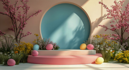 Bright pastel eggs are arranged on a gentle blue stage, surrounded by colorful decorations and natural elements, creating a joyful atmosphere for Easter festivities.の素材