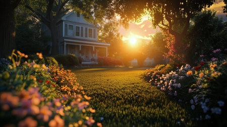 A serene garden blooms with colorful flowers under a vibrant sunset. A charming house stands in the background, offering a peaceful retreat in the warm evening light.の素材