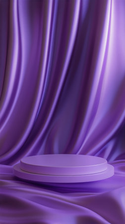 Gentle folds of purple fabric cascade around a smooth circular pedestal in a harmonious arrangement, creating an elegant backdrop for artistic displays or presentations.の素材