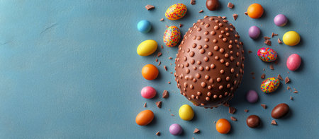 A large chocolate egg is surrounded by an array of colorful chocolate eggs on a textured blue surface, creating a festive display ideal for celebrations and holidays.の素材